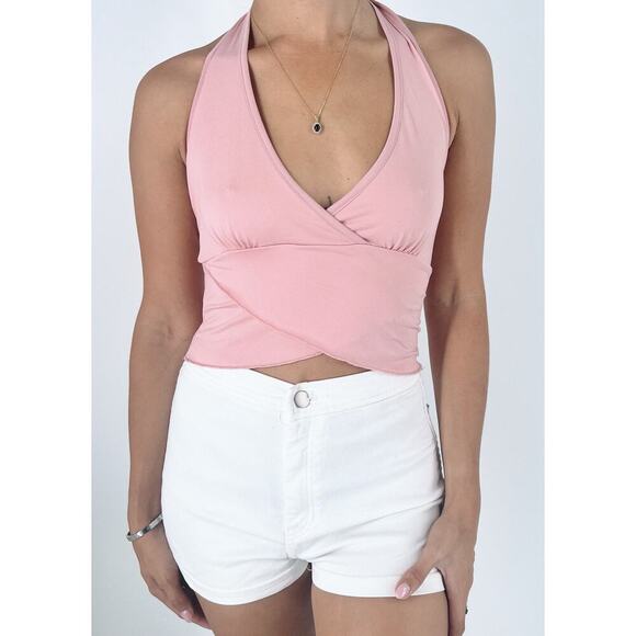 Women's Pink Halter Asymmetrical Hem Crop Top Size XS - Picture 1 of 3